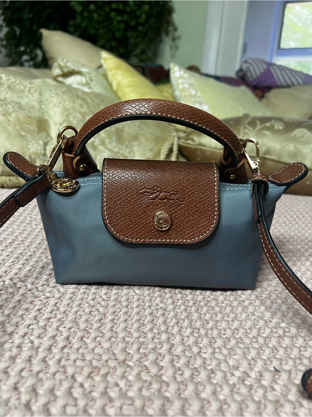 Longchamp Le Pliage Original Mini Pouch Handle Crossbody Blue/Gray Brown